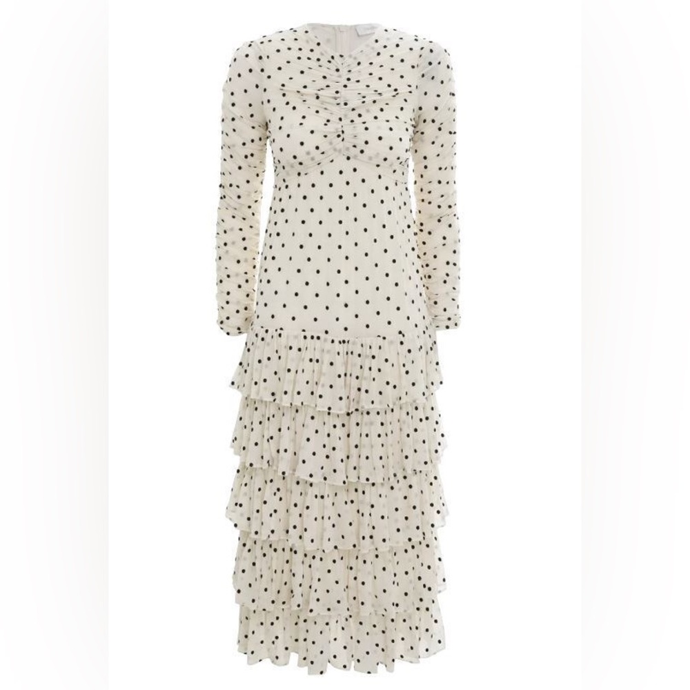 NWT Zimmermann Concert Drawn Midi Dress White with Black Dots Embroidered Ruched
